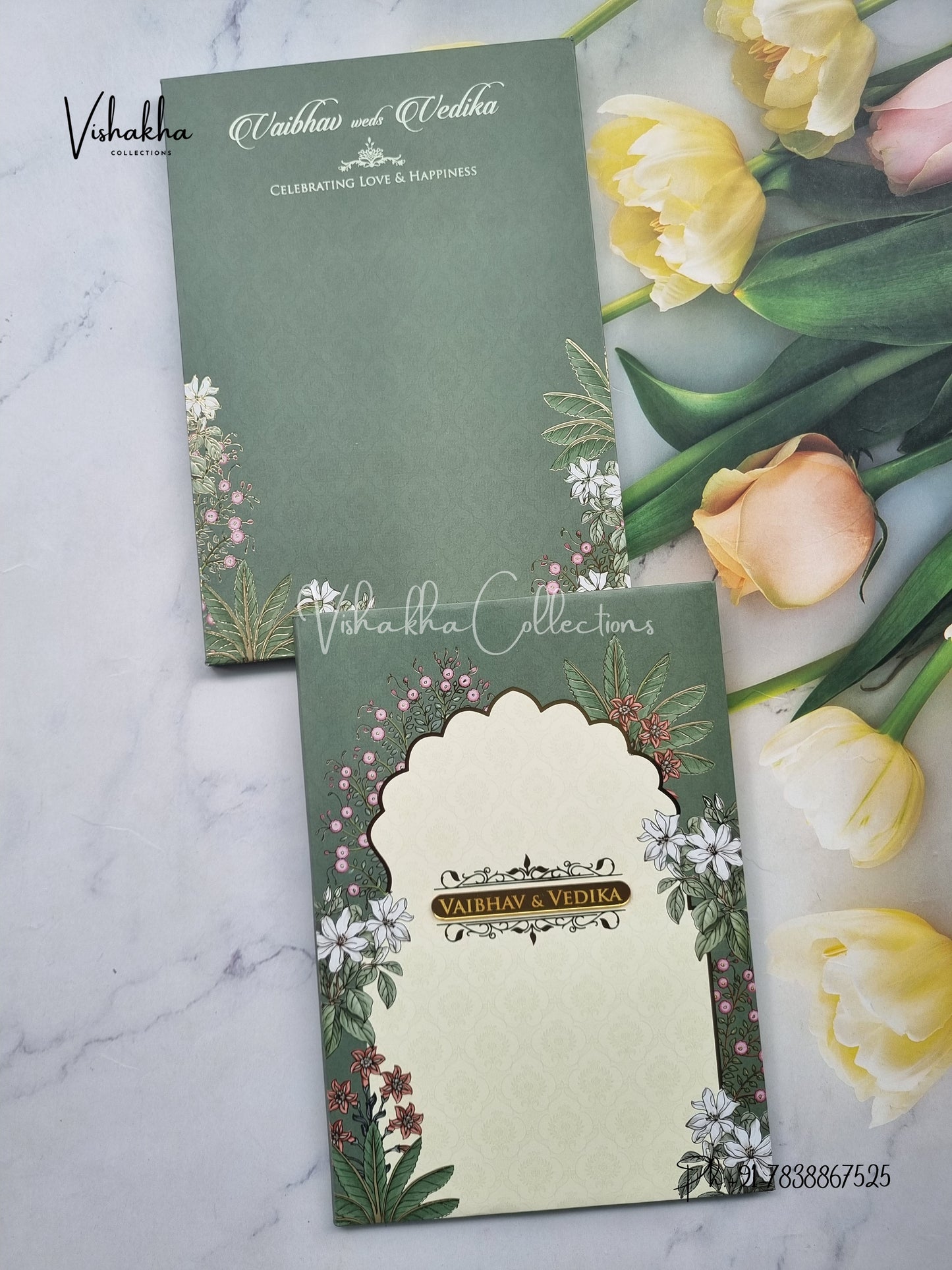 Semi Box Flower Hindu Muslim Christian Sikh green Colored invitation Cards SK-3513