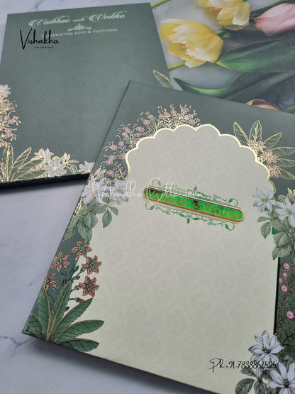 Semi Box Flower Hindu Muslim Christian Sikh green Colored invitation Cards SK-3513