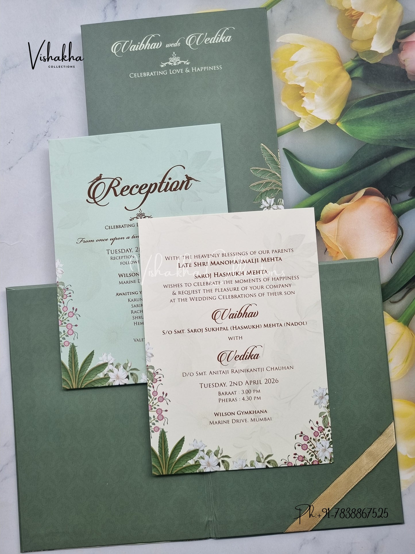 Semi Box Flower Hindu Muslim Christian Sikh green Colored invitation Cards SK-3513