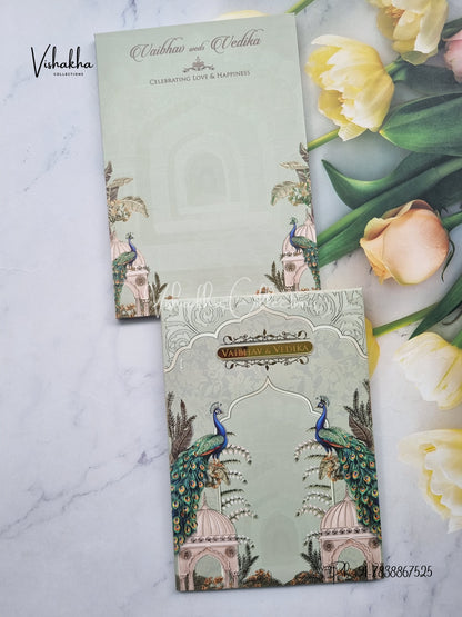 Peacock Semi Box Flower Hindu Muslim Christian Sikh green Colored invitation Cards SK-3514