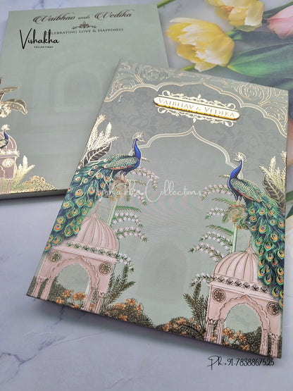Peacock Semi Box Flower Hindu Muslim Christian Sikh green Colored invitation Cards SK-3514