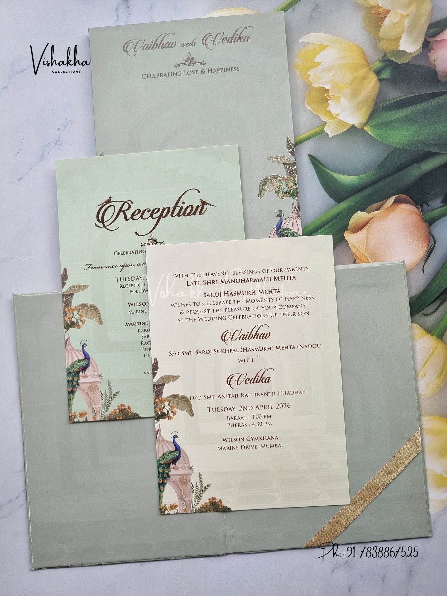 Peacock Semi Box Flower Hindu Muslim Christian Sikh green Colored invitation Cards SK-3514