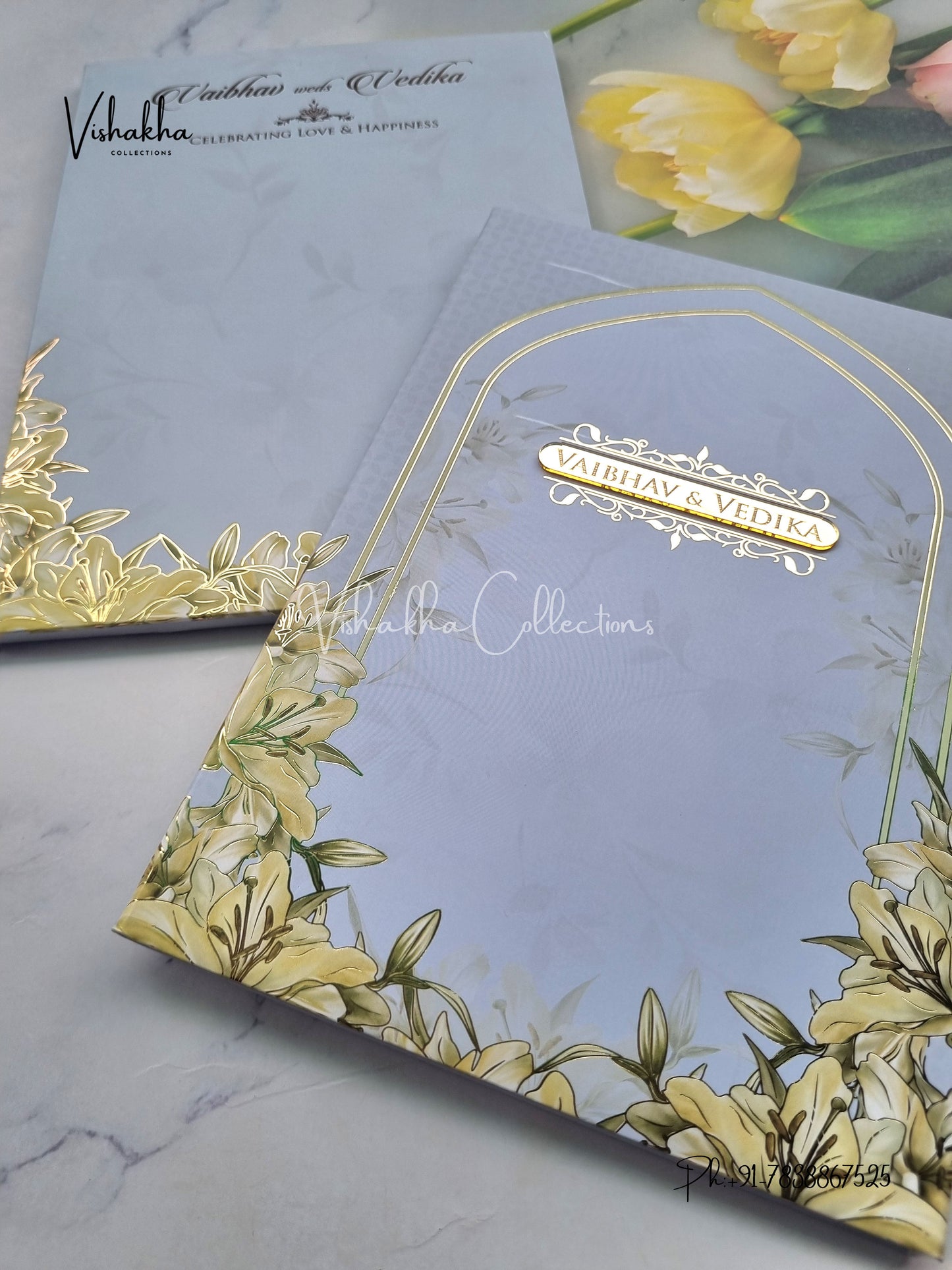 Semi Box Flower Hindu Muslim Christian Sikh grey Colored invitation Cards SK-3515