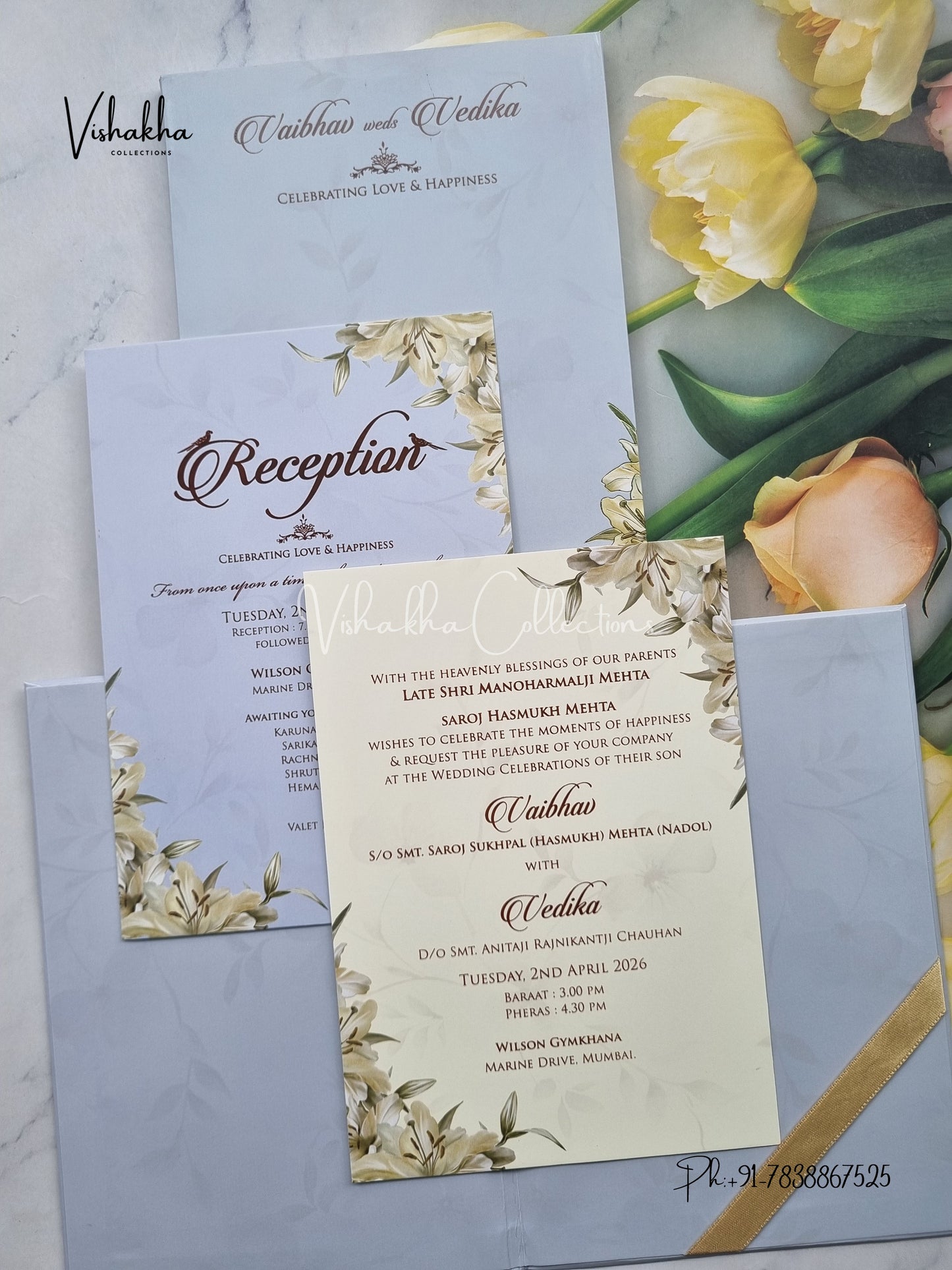 Semi Box Flower Hindu Muslim Christian Sikh grey Colored invitation Cards SK-3515