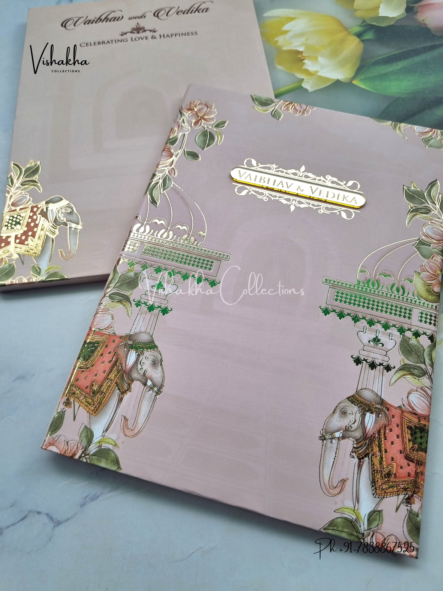 Semi Box Flower Hindu Muslim Christian Sikh pink Colored invitation Cards SK-3516