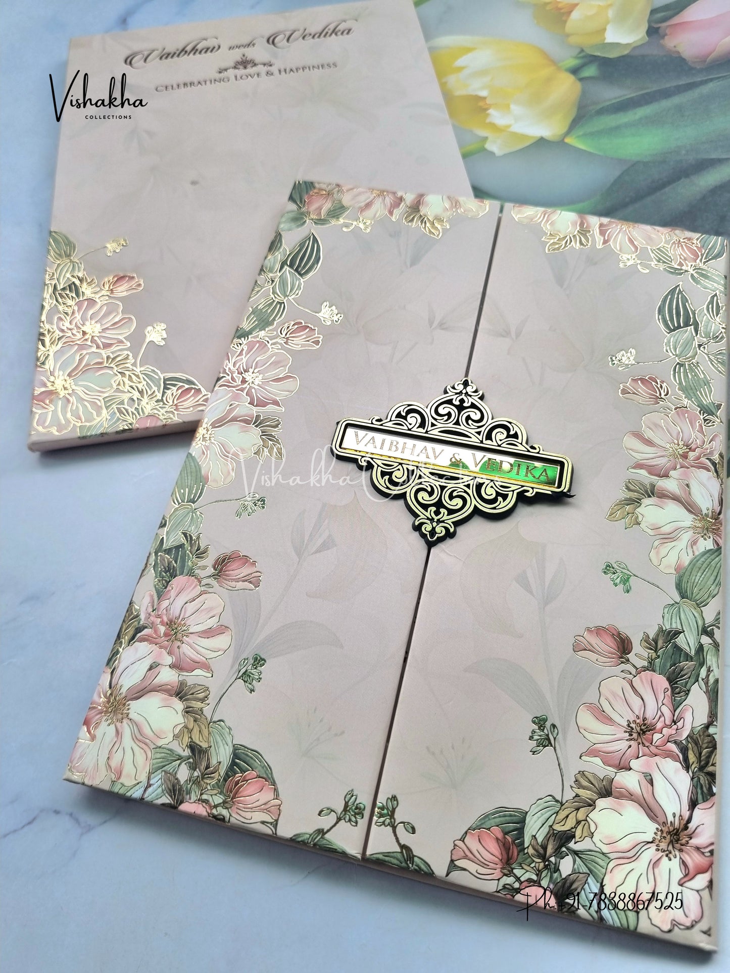 Semi Box Flower Double Door Hindu Muslim Christian Sikh brown Colored invitation Cards SK-3517