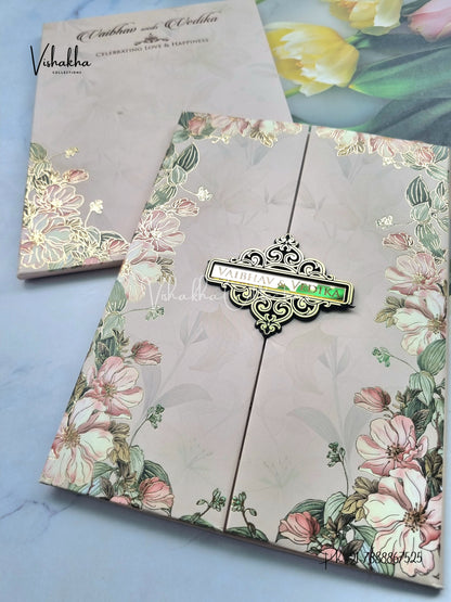 Semi Box Flower Double Door Hindu Muslim Christian Sikh brown Colored invitation Cards SK-3517