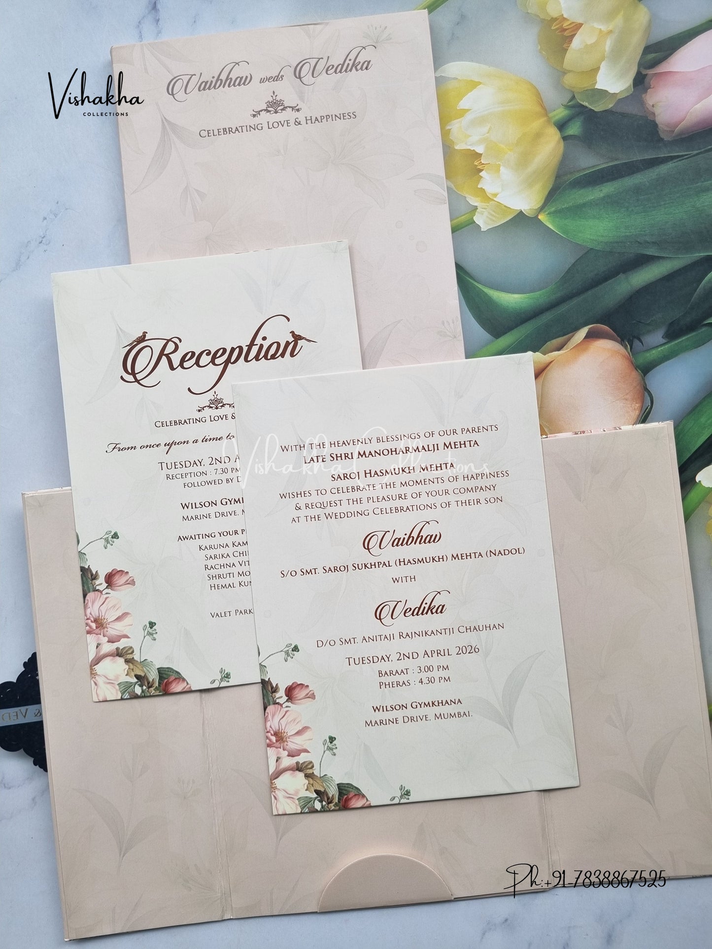 Semi Box Flower Double Door Hindu Muslim Christian Sikh brown Colored invitation Cards SK-3517