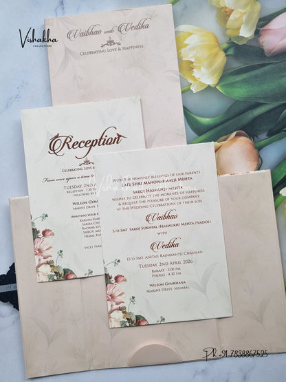 Semi Box Flower Double Door Hindu Muslim Christian Sikh brown Colored invitation Cards SK-3517