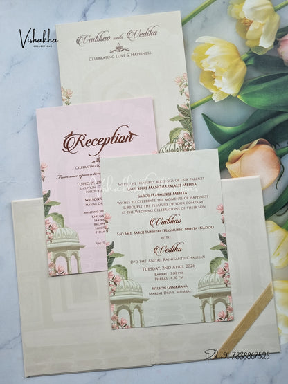 Semi Box Flower Hindu Muslim Christian Sikh brown Colored invitation Cards SK-3518