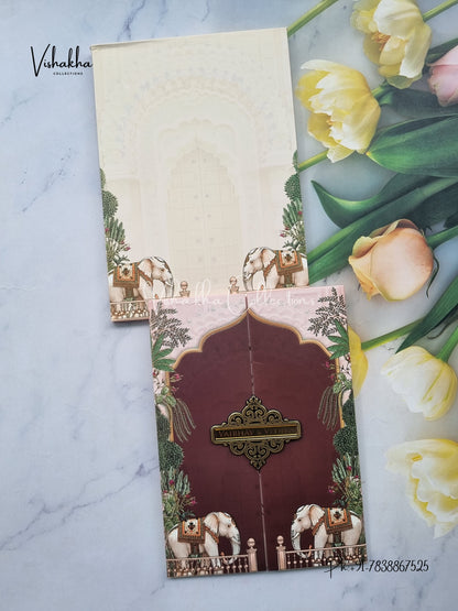 Semi Box Hathi Flower Double Door Hindu Muslim Christian Sikh yellow Colored invitation Cards SK-3519