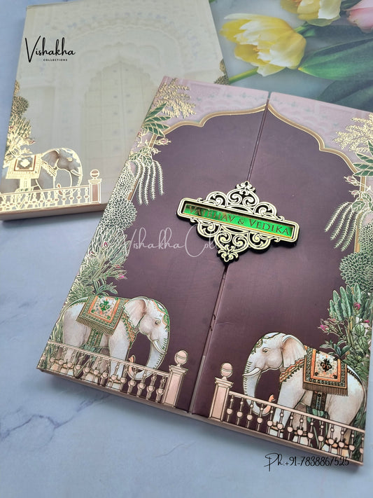 Semi Box Hathi Flower Double Door Hindu Muslim Christian Sikh yellow Colored invitation Cards SK-3519