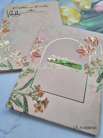 Semi Box Flower Hindu Muslim Christian Sikh light brown Colored invitation Cards SK-3520
