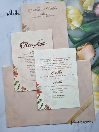 Semi Box Flower Hindu Muslim Christian Sikh light brown Colored invitation Cards SK-3520