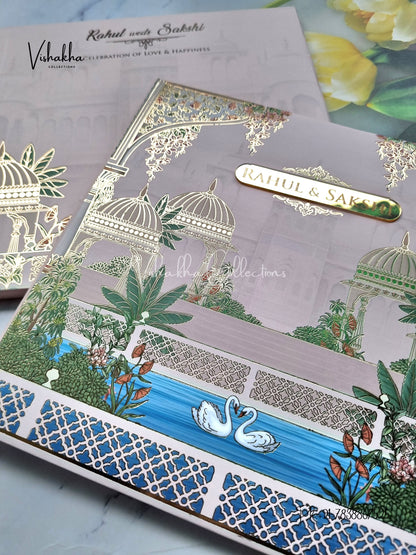 Hindu Muslim Christian Sikh Padded pastel peach Colored invitation Cards SK-3521