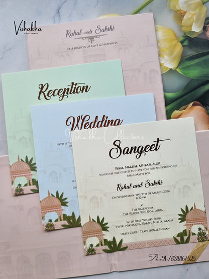 Hindu Muslim Christian Sikh Padded pastel peach Colored invitation Cards SK-3521