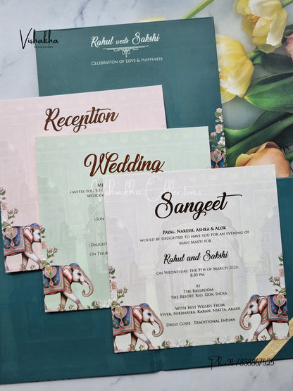 Hathi Hindu Muslim Christian Sikh Padded aqua green Colored invitation Cards SK-3522