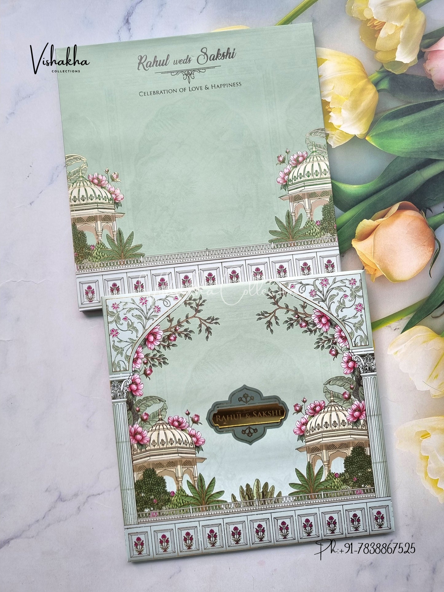 Hindu Muslim Christian Sikh Padded MDF Board Laser Cut pastel green Colored invitation Cards SK-3523