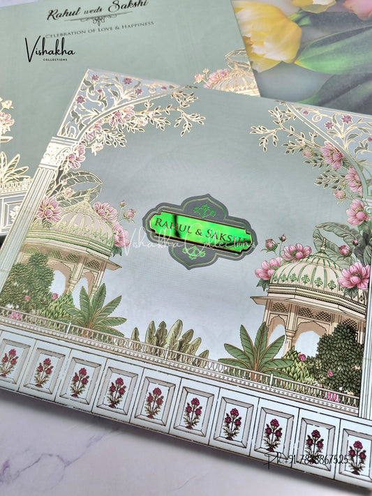 Hindu Muslim Christian Sikh Padded MDF Board Laser Cut pastel green Colored invitation Cards SK-3523