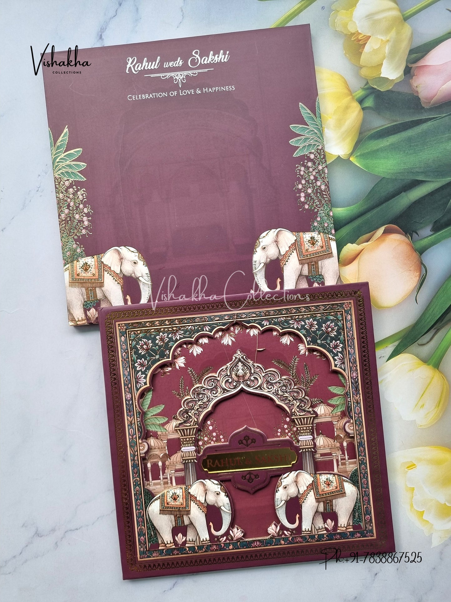 Hathi Hindu Muslim Christian Sikh Padded MDF Board Laser Cut dark mehroon Colored invitation Cards SK-3524