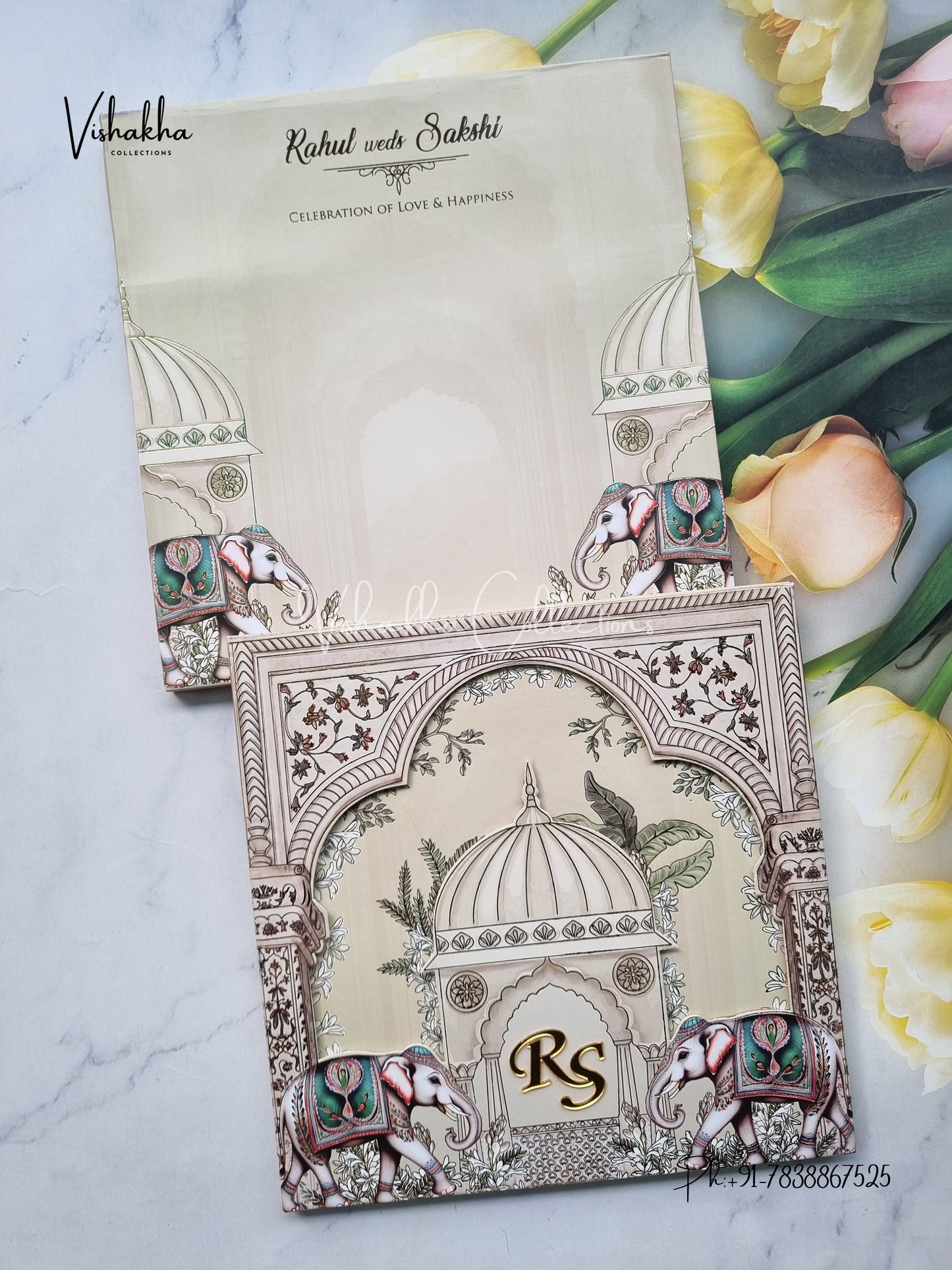 Hathi Hindu Muslim Christian Sikh Padded light mehndi green Colored invitation Cards SK-3525