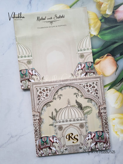 Hathi Hindu Muslim Christian Sikh Padded light mehndi green Colored invitation Cards SK-3525