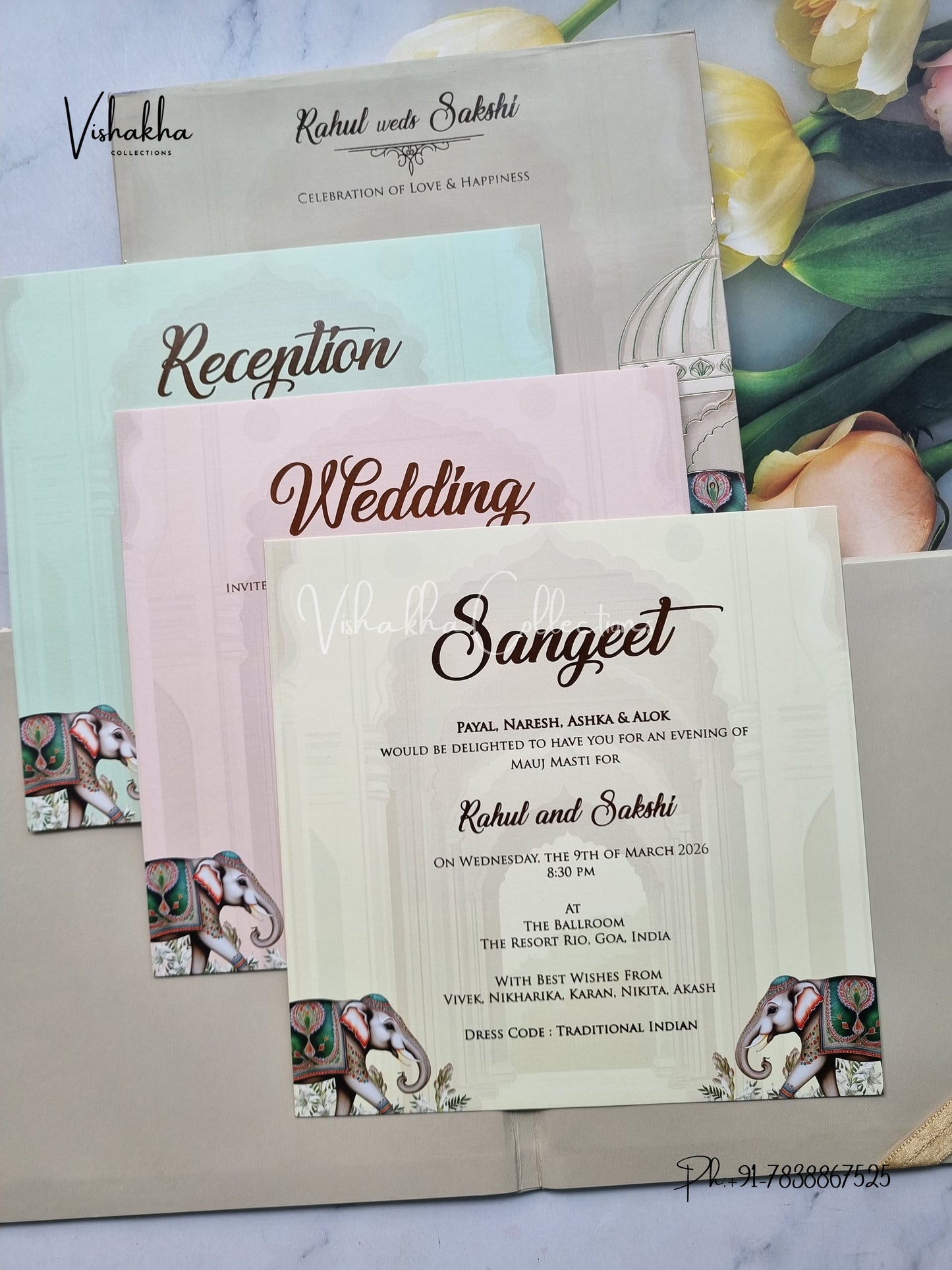 Hathi Hindu Muslim Christian Sikh Padded light mehndi green Colored invitation Cards SK-3525