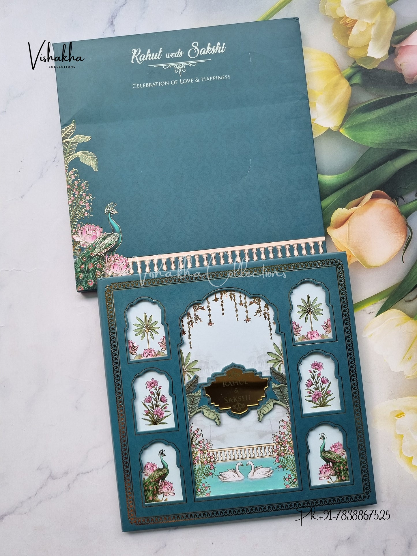 Peacock Hindu Muslim Christian Sikh Padded aqua green Colored invitation Cards SK-3526