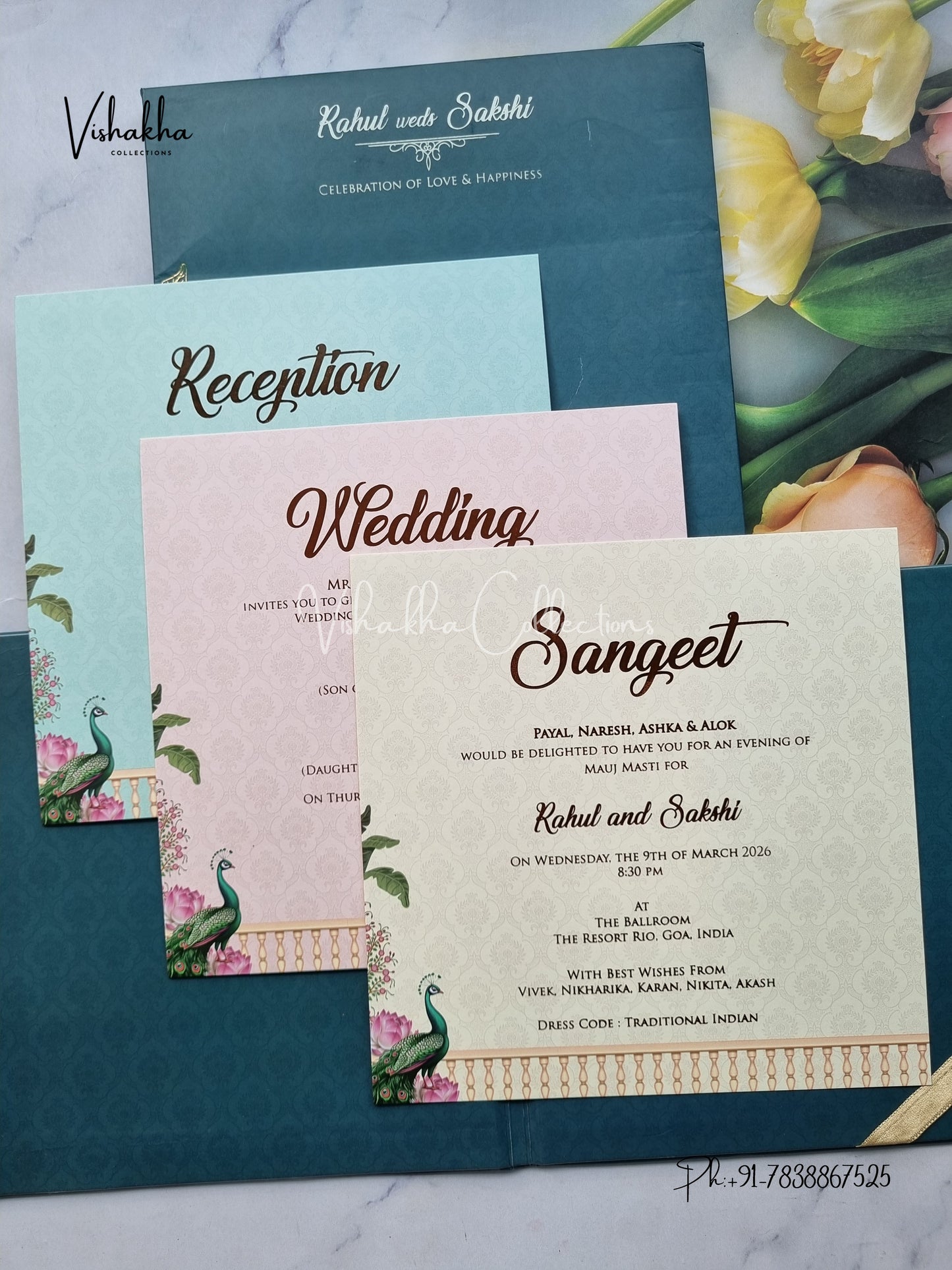 Peacock Hindu Muslim Christian Sikh Padded aqua green Colored invitation Cards SK-3526