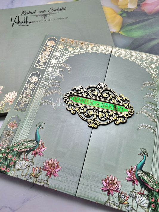 Hindu Muslim Christian Sikh Padded MDF Board Laser Cut pastel green Colored invitation Cards SK-3527