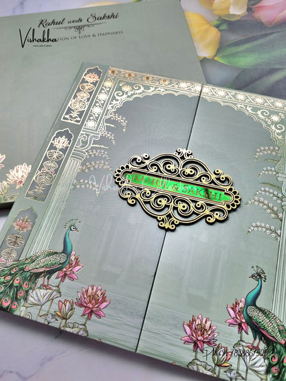 Hindu Muslim Christian Sikh Padded MDF Board Laser Cut pastel green Colored invitation Cards SK-3527
