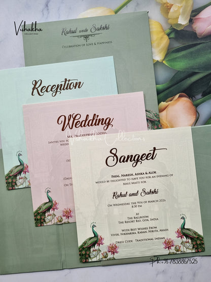 Hindu Muslim Christian Sikh Padded MDF Board Laser Cut pastel green Colored invitation Cards SK-3527