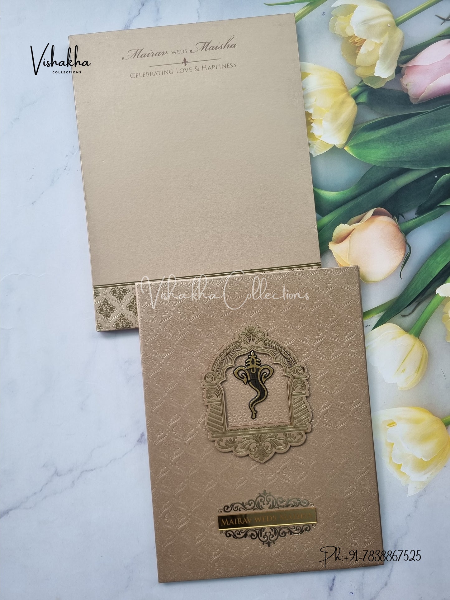 Semi Box Ganesh Ji Hindu Padded brown Colored invitation Cards SK-3528