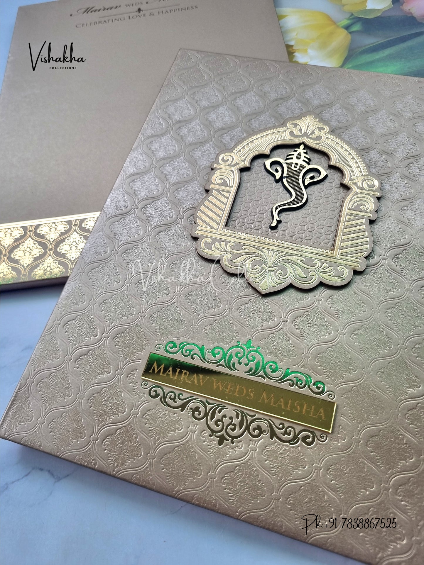 Semi Box Ganesh Ji Hindu Padded brown Colored invitation Cards SK-3528