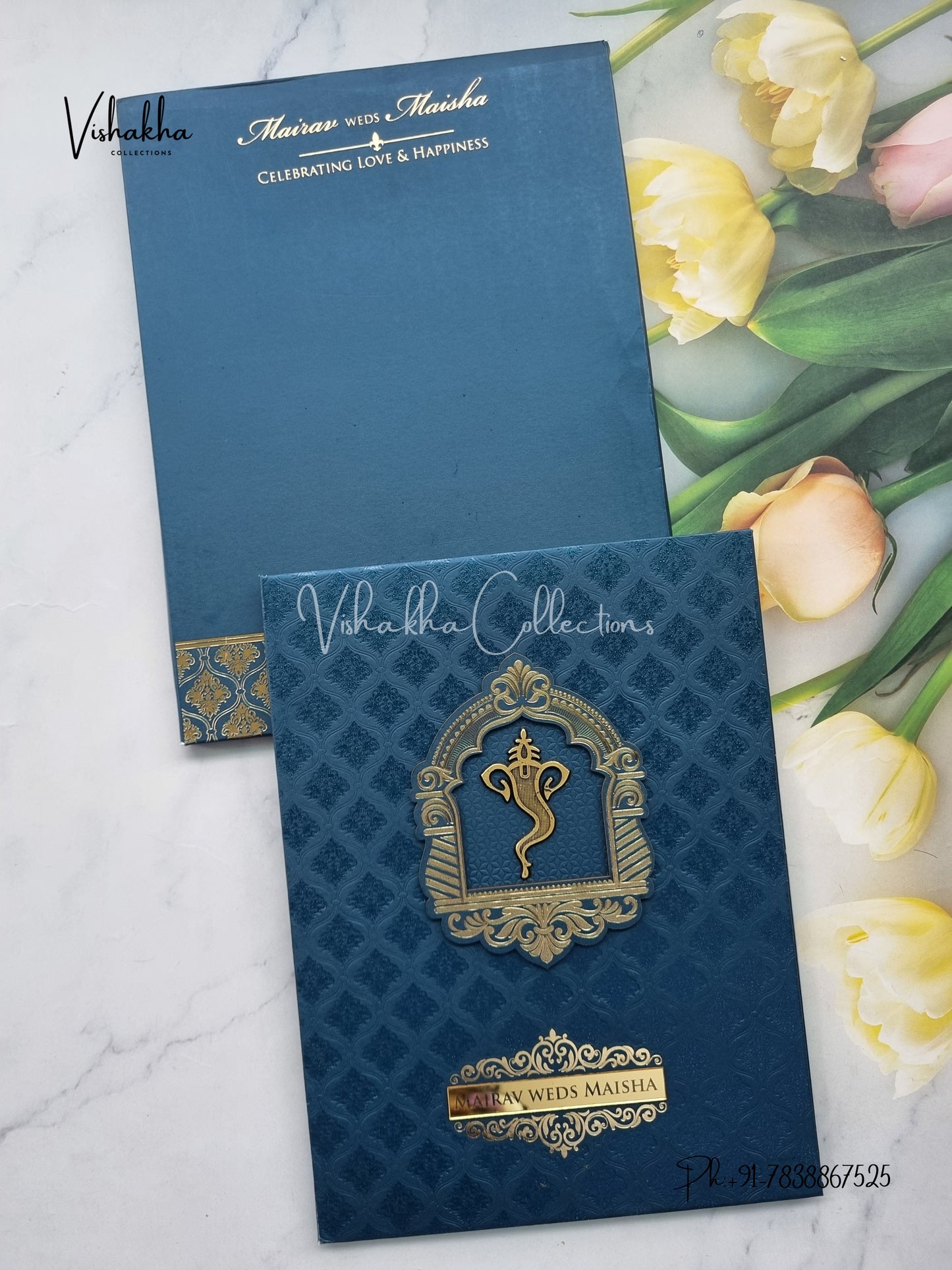 Semi Box Ganesh Ji Hindu Padded royal blue Colored invitation Cards SK-3529