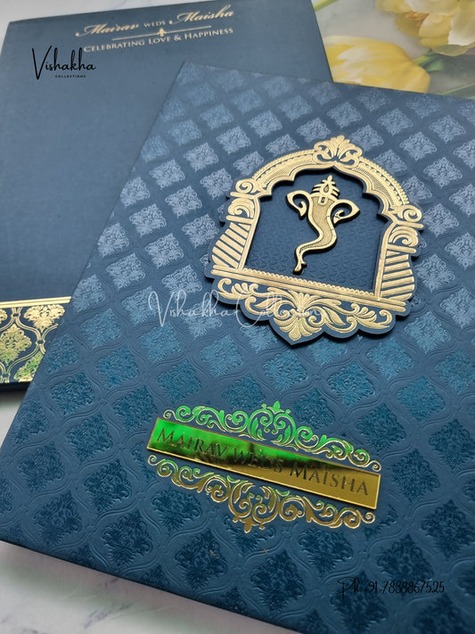 Semi Box Ganesh Ji Hindu Padded royal blue Colored invitation Cards SK-3529