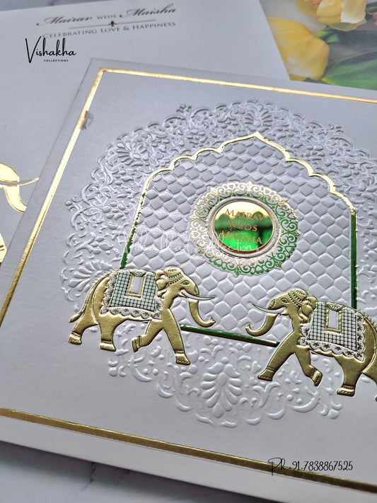 Hathi Hindu Muslim Christian Sikh Padded white Colored invitation Cards SK-3530