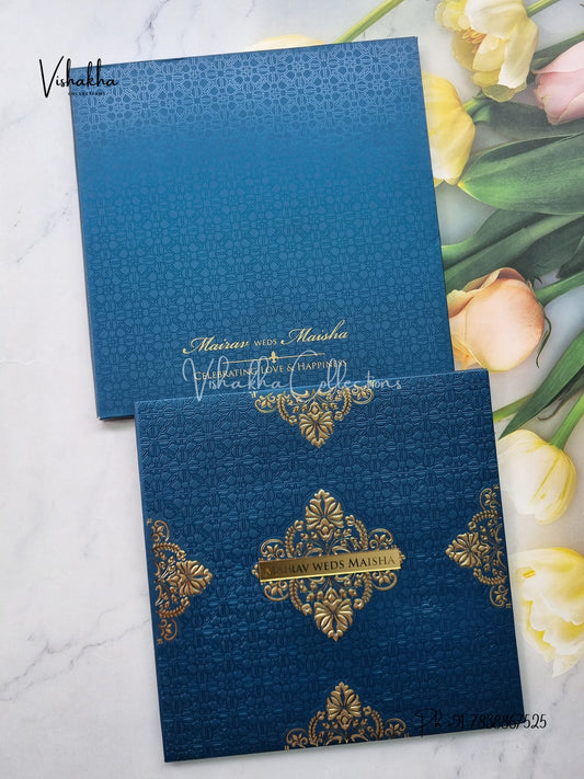 Hindu Muslim Christian Sikh Padded dark blue Colored invitation Cards SK-3532