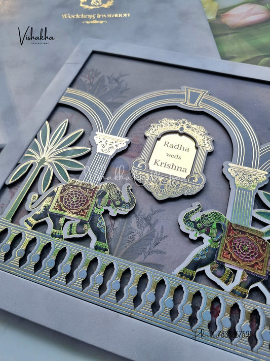 Hathi Hindu Sikh Padded MDF Board Laser Cut Colored invitation Cards SN-156