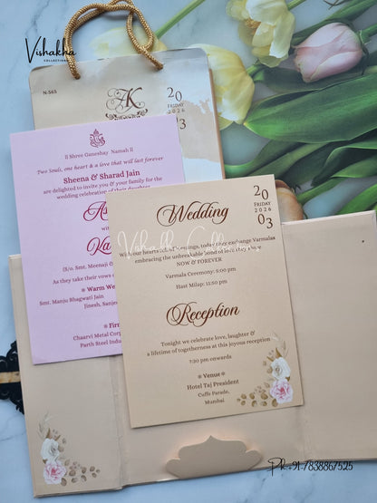 Flower Double Door Hindu Muslim Christian Sikh Padded Carry Bag invitation Cards VN-565