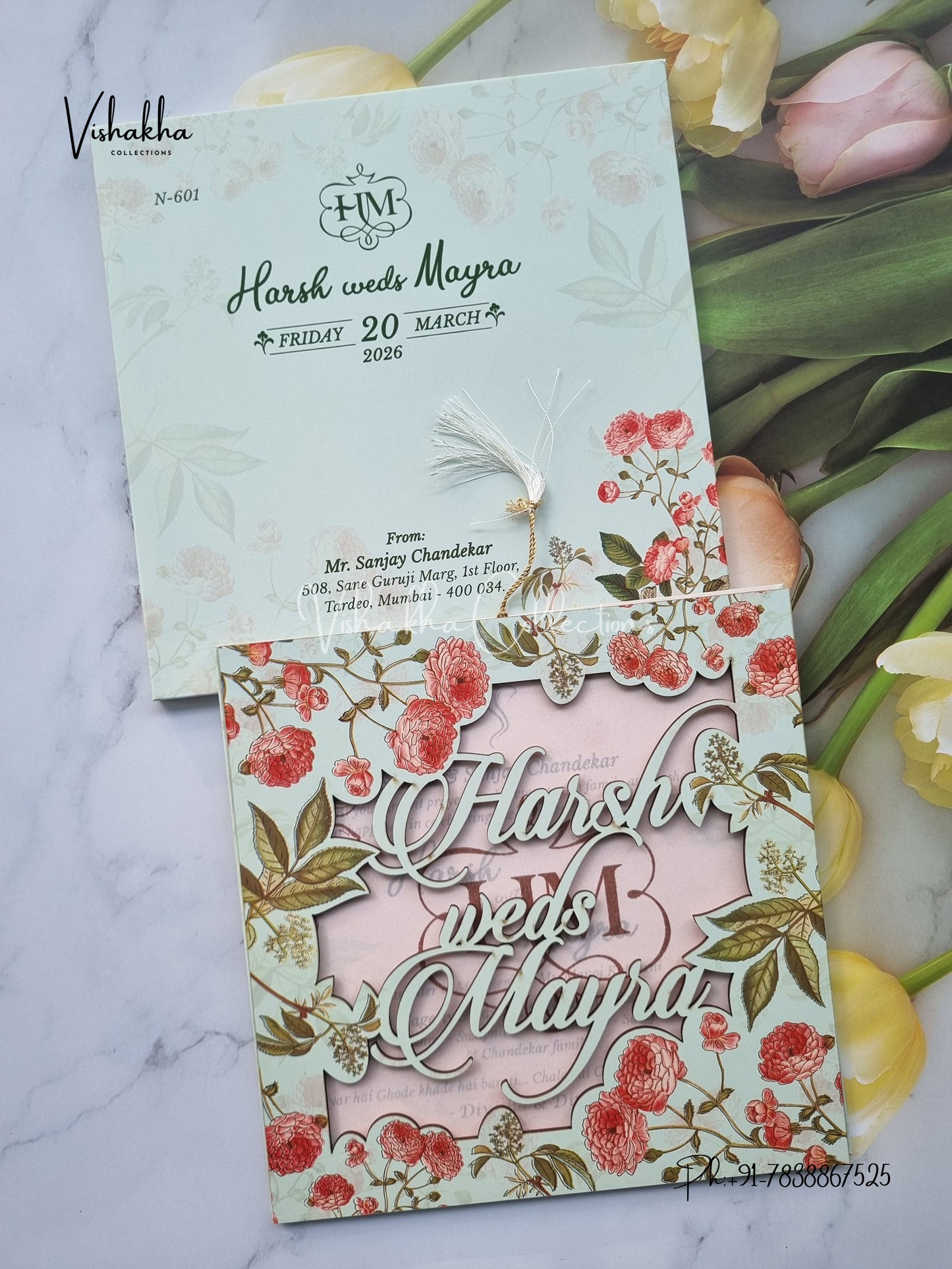 Flower Hindu Muslim Christian Sikh MDF Board Laser Cut Named MDF Laser Cut invitation Cards VN-601