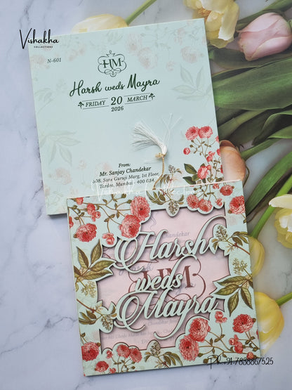 Flower Hindu Muslim Christian Sikh MDF Board Laser Cut Named MDF Laser Cut invitation Cards VN-601