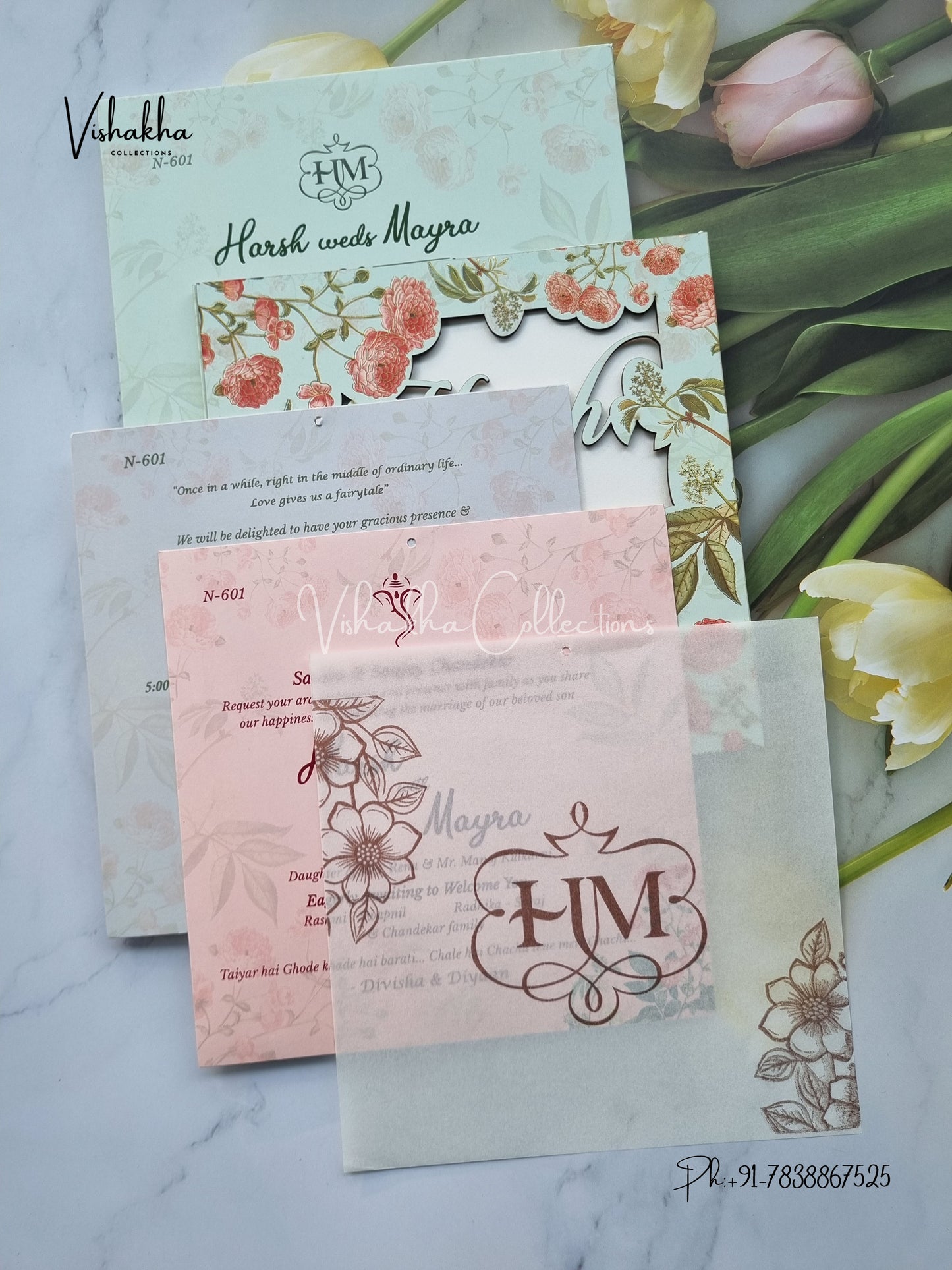 Flower Hindu Muslim Christian Sikh MDF Board Laser Cut Named MDF Laser Cut invitation Cards VN-601