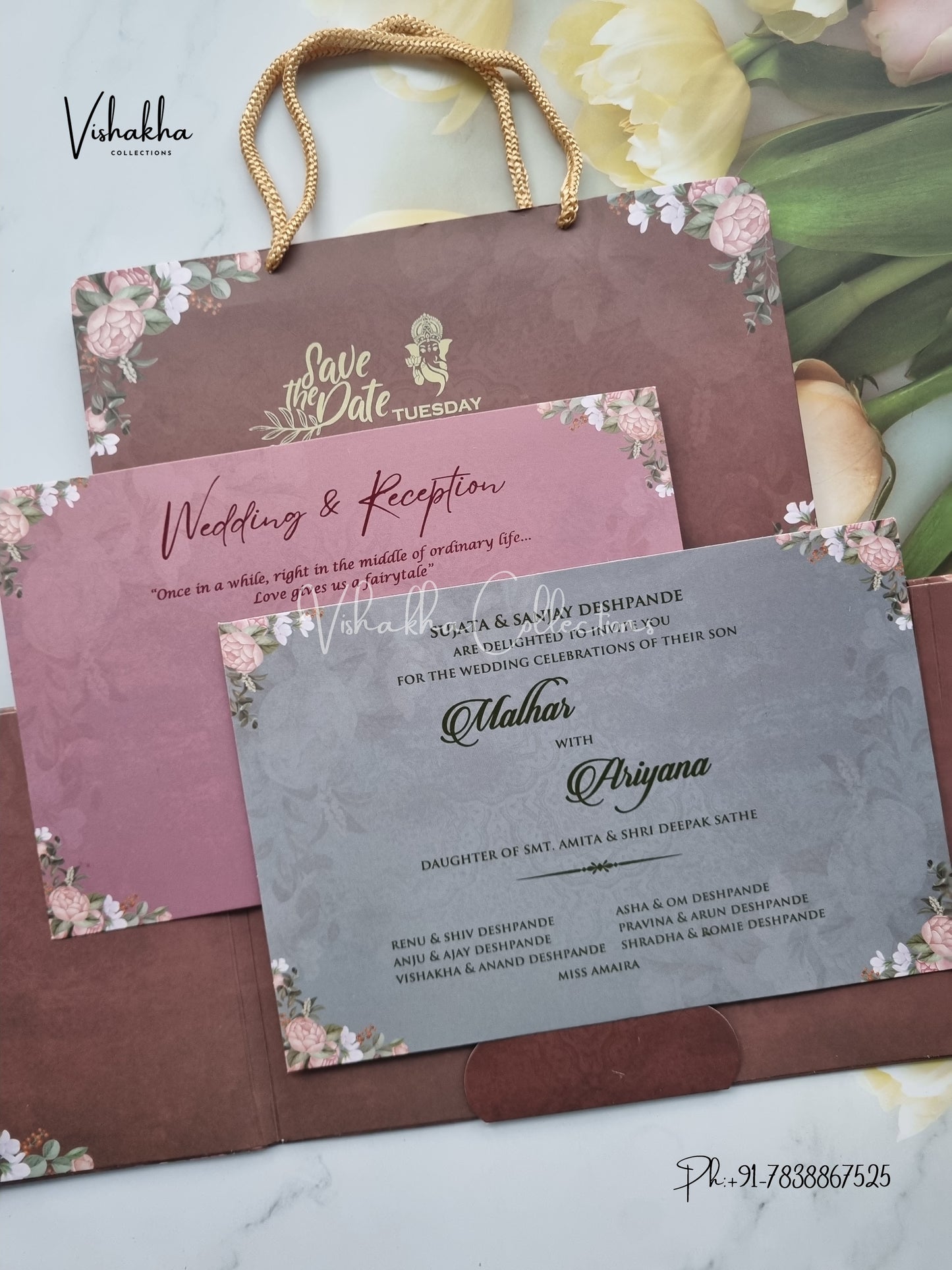 Flower Double Door Hindu Muslim Christian Sikh Padded Carry Bag invitation Cards VN-603