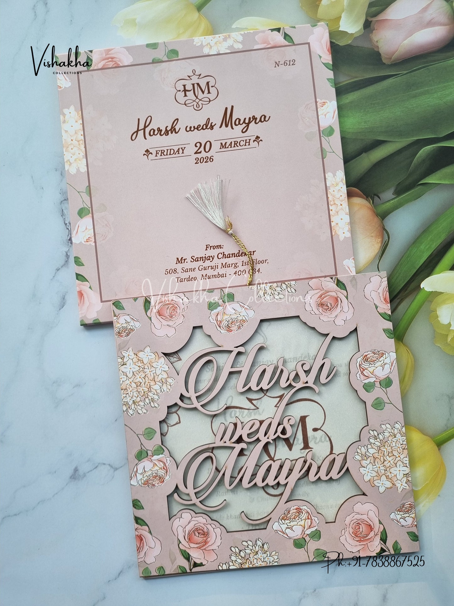 Flower Hindu Muslim Christian Sikh MDF Board Laser Cut Named MDF Laser Cut invitation Cards VN-612