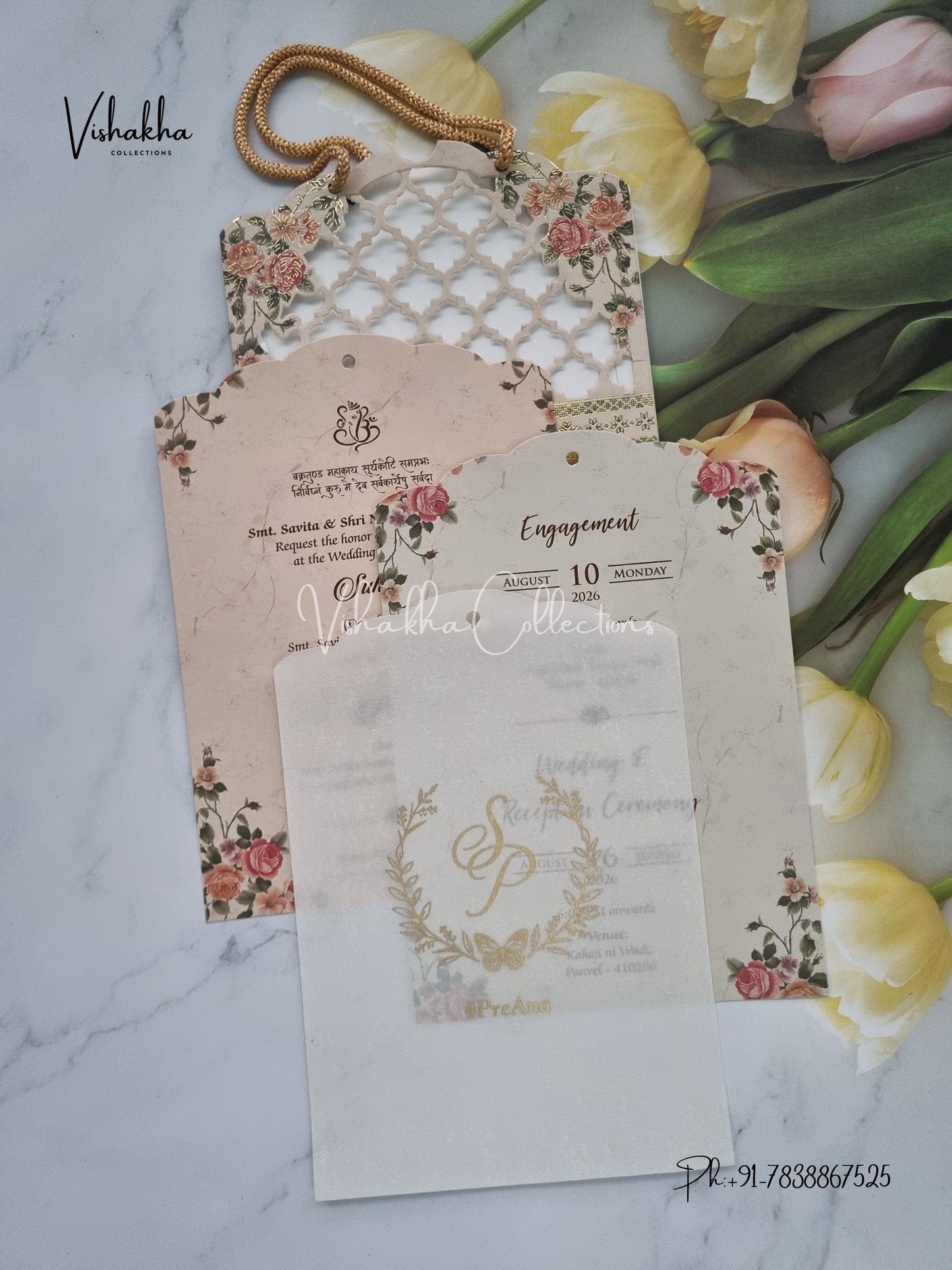 Flower Hindu Muslim Christian Sikh Laser Cut Vellum Paper invitation Cards VN-634