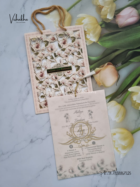 Flower Hindu Muslim Christian Sikh Laser Cut Carry Bag Vellum Paper invitation Cards VN-635