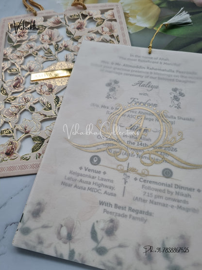Flower Hindu Muslim Christian Sikh Laser Cut Carry Bag Vellum Paper invitation Cards VN-635