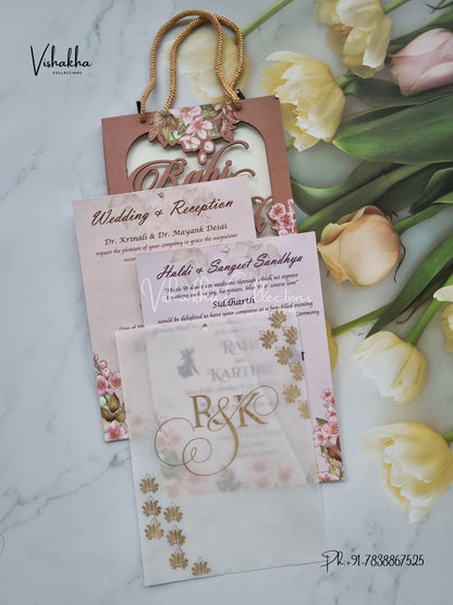 Flower Hindu Muslim Christian Sikh MDF Board Laser Cut Named MDF Laser Cut Carry Bag invitation Cards VN-636