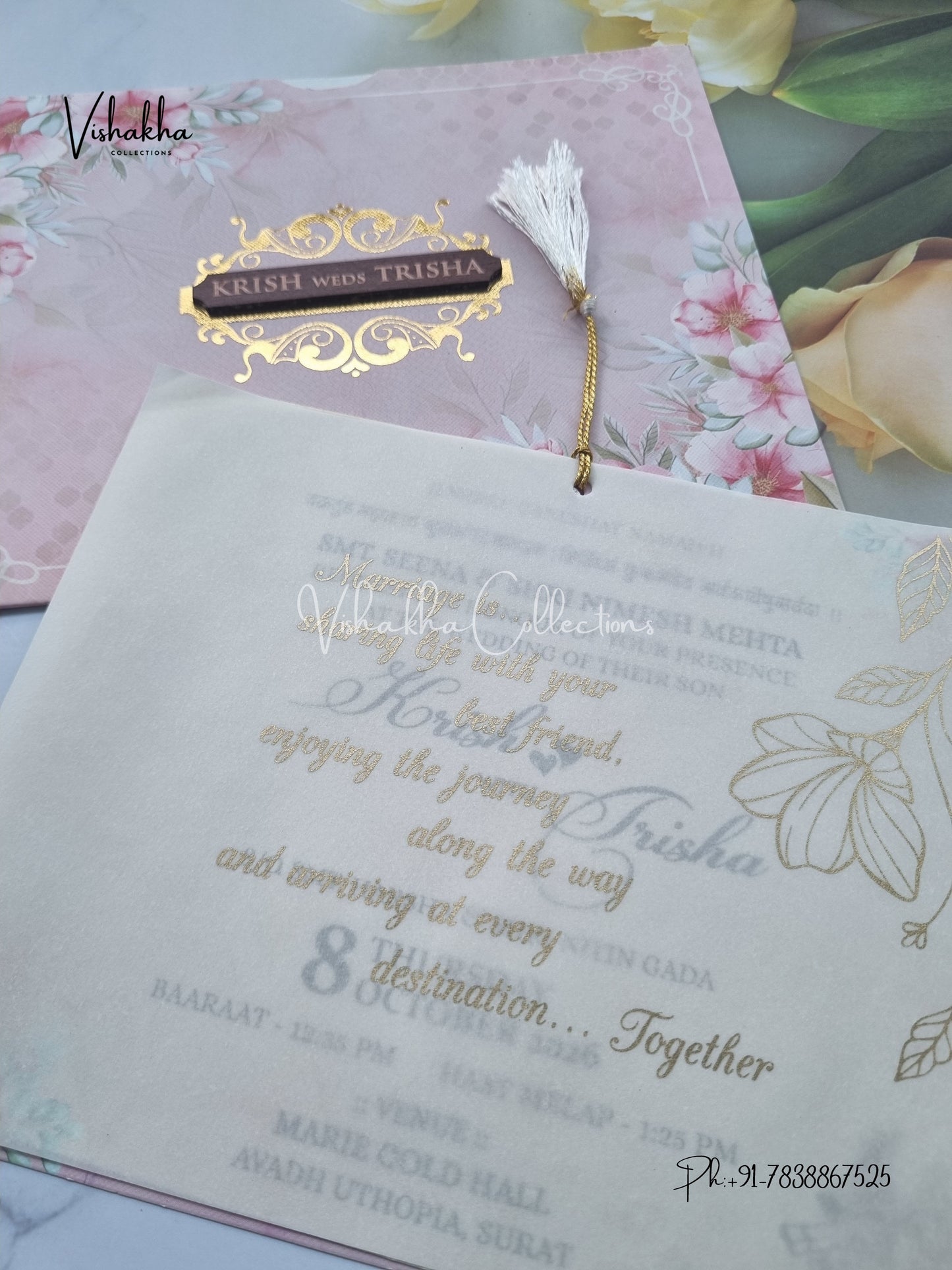 Flower Hindu Muslim Christian Sikh Vellum Paper invitation Cards VN-640